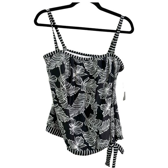 NWT Island Escape Coral Gables Black White Tropical Blouson Tankini Swim Top S 8 - Picture 2 of 8